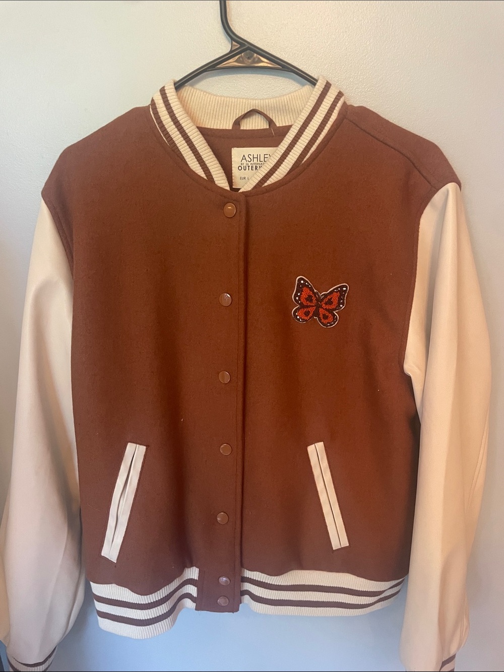 Ashley By 26 International Brown & Cream Varsity Jacket with Butterfly Patch